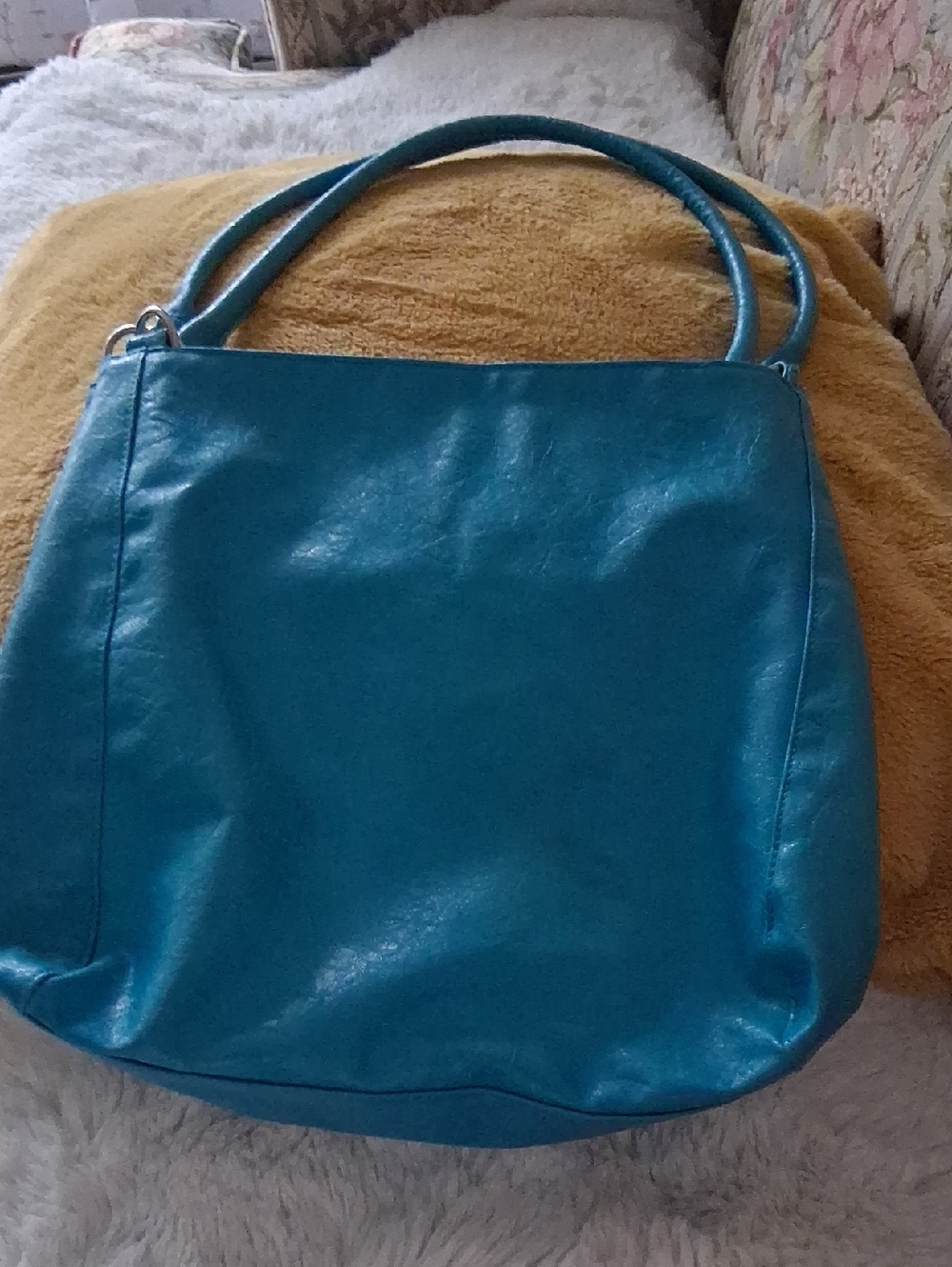Teal Floral Leather Tote Bag - Women's Shoulder Handbag - Picture 5 of 10